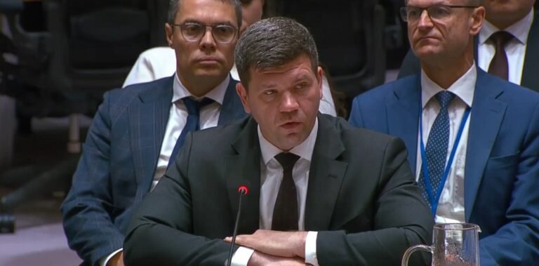 Володимир Павліченко, заступник постійного представника України при ООН, виступає з промовою про припинення вогню.