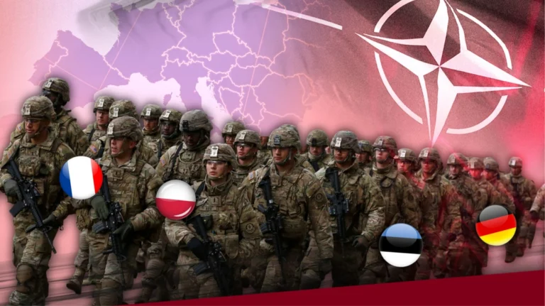 Володимир Путін на тлі прапора РФ, обговорює скорочення присутності НАТО в Європі до рівня 1997 року.